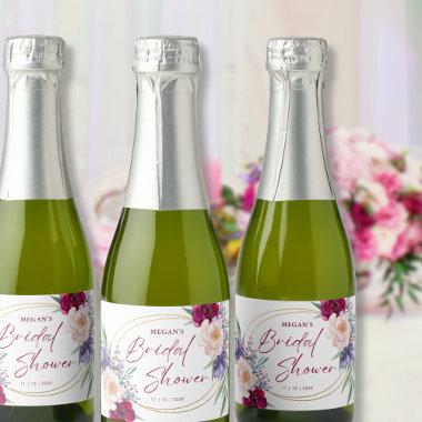 Bridal Shower Burgundy & Blush Bloom Mini Bottle Sparkling Wine Label
