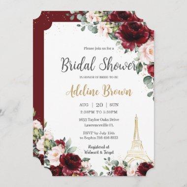 Bridal Shower Burgundy Blush Floral Eiffel Paris Invitations