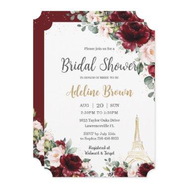 Bridal Shower Burgundy Blush Floral Eiffel Paris Invitations