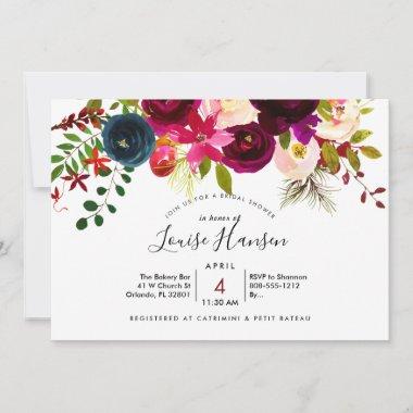 Bridal Shower, Burgundy, Blush+Navy Watercolor Announcement
