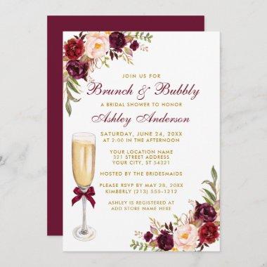 Bridal Shower Burgundy Floral Brunch Bubbly Gold Invitations