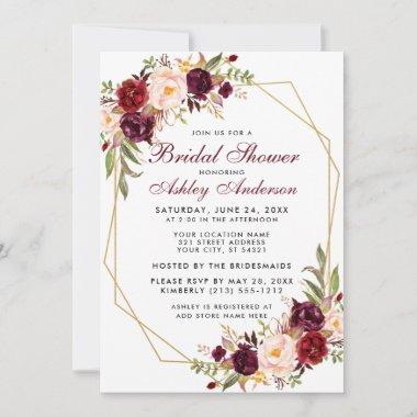 Bridal Shower Burgundy Floral Geometric Gold Frame Invitations