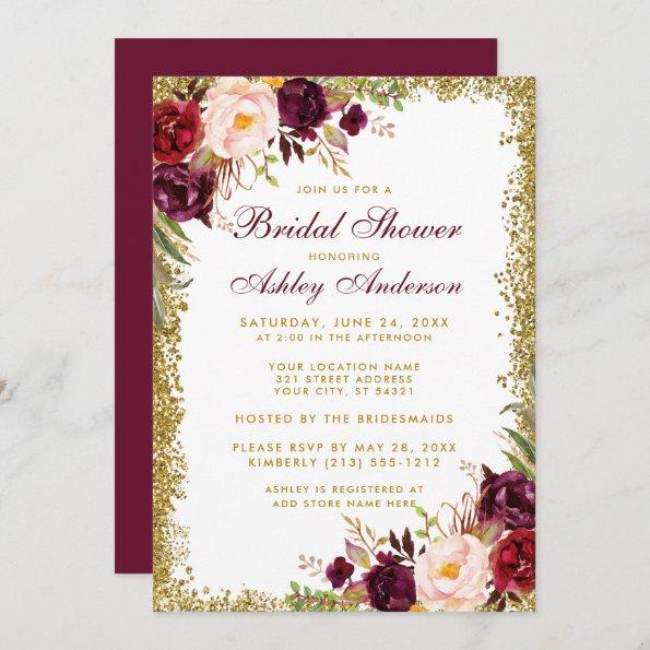 Bridal Shower Burgundy Floral Gold Glitter Invite