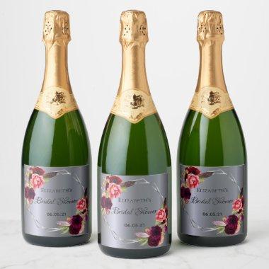 Bridal shower burgundy florals gold silver boho sparkling wine label