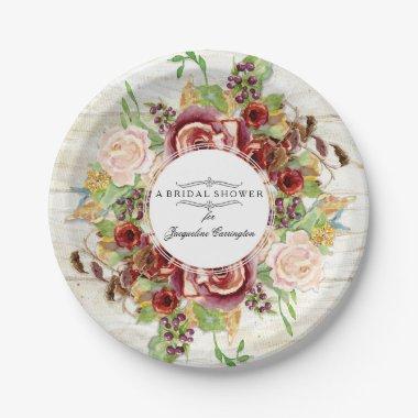 Bridal Shower Burgundy Rose Floral Watercolor Wood Paper Plates