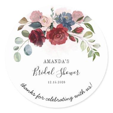 Bridal Shower Burgundy Rustic Floral Personalized Classic Round Sticker