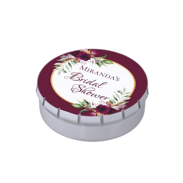 Bridal Shower burgundy watercolored florals white Candy Tin