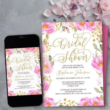 Bridal Shower Calligraphy Pink and Gold Floral Invitations