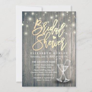 Bridal Shower Champagne Glasses Wood String Lights Invitations