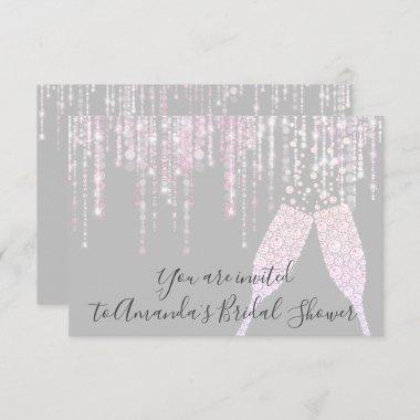 Bridal Shower Champaigne Glass Bubbles Gray Pink Invitations