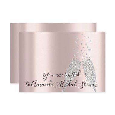 Bridal Shower Champaigne Glass Bubbles Silver Rose Invitations