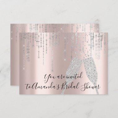 Bridal Shower Champaigne Glass Bubbles Silver Rose Invitations