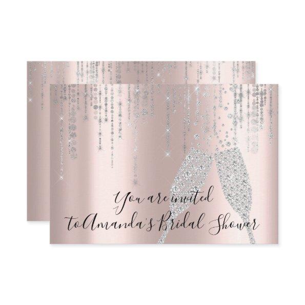 Bridal Shower Champaigne Glass Bubbles Silver Rose Invitations