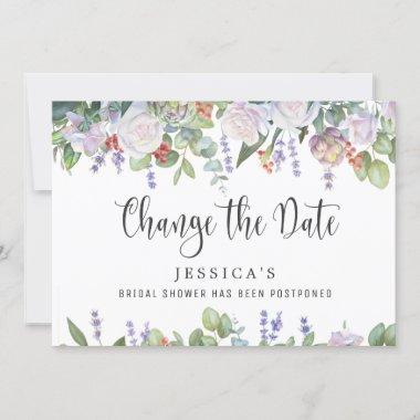 Bridal Shower Change the Date Blue Roses Foliage Invitations