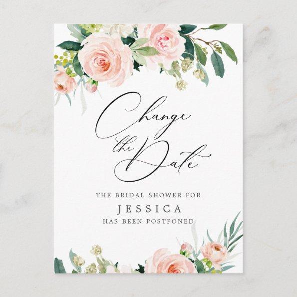 Bridal Shower Change the Date Blush Pink Flowers PostInvitations
