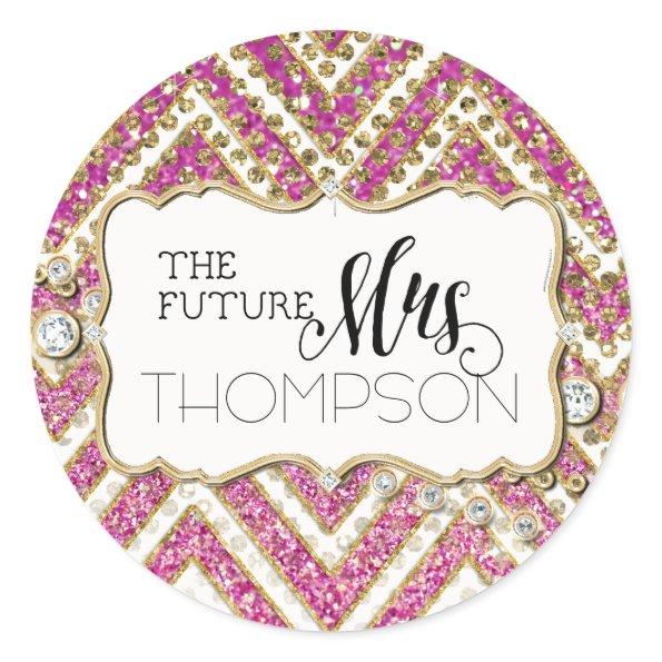 Chevron Striped Jewel Glitter Pink Classic Round Sticker