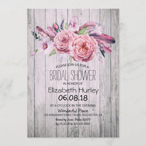 Bridal Shower Chic Boho Floral Feather Rustic Wood Invitations