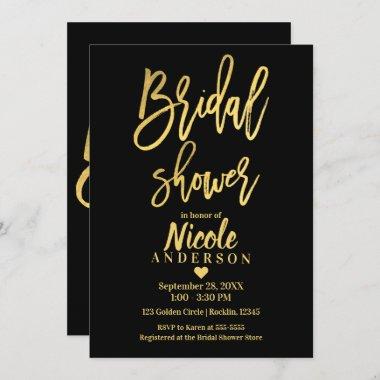 BRIDAL SHOWER Chic Gold Foil Black Modern Script Invitations
