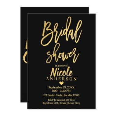 BRIDAL SHOWER Chic Gold Foil Black Modern Script Invitations