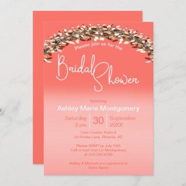 Bridal Shower Chic Living Coral Ombre Leafy Arch Invitations