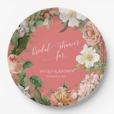 Bridal Shower Coral Blush Ivory Peony Rose Wreath Paper Plates
