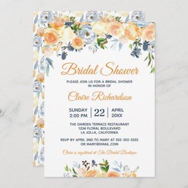 Bridal Shower Coral Peach Navy Watercolor Floral Invitations