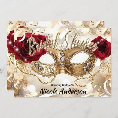 Bridal Shower Cream Gold Red Roses Masquerade Invitations