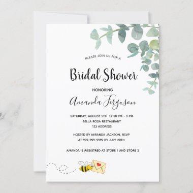 Bridal Shower cute bee eucalyptus white elegant Invitations