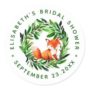 Bridal Shower Cute Fox Greenery Wreath Watercolor Classic Round Sticker
