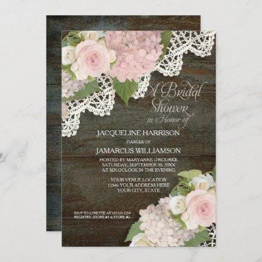 Bridal Shower Dark Wood Floral Vintage Lace Roses Invitations