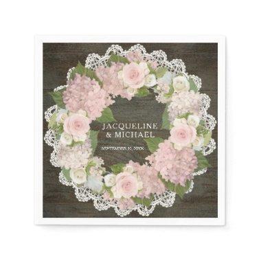 Dark Wood Lace Hydrangea Rose Wreath Paper Napkins