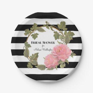 Decor Black Striped Peony Wreath Paper Plates