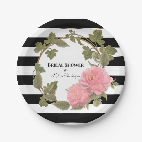 Bridal Shower Decor Black Striped Peony Wreath Paper Plates