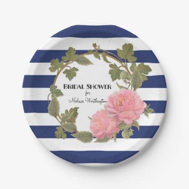 Bridal Shower Decor Gold Wide Striped Peony Wreath Paper Plates