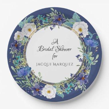 Bridal Shower Decor Watercolor Blue Poppy Floral Paper Plates