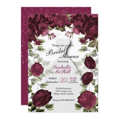 Bridal Shower - Deep Red WIne Botanical Flowers Invitations