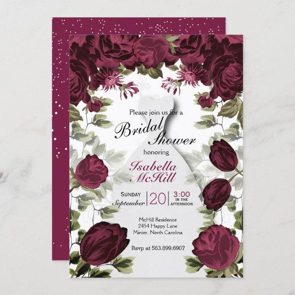 Bridal Shower - Deep Red WIne Botanical Flowers Invitations