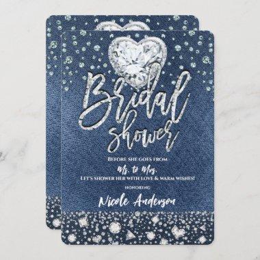 Bridal Shower Denim & Bling Diamonds Heart Invitations