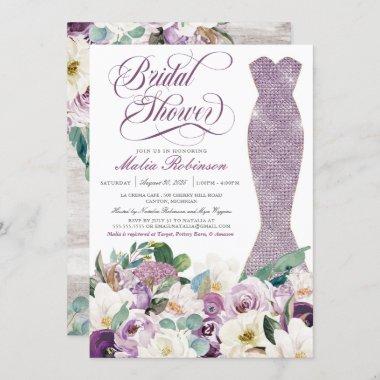 Bridal Shower Dress Glam Gown Botanical Lavender Invitations
