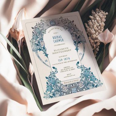 Bridal Shower Dusty Blue Art Nouveau Morris Invitations