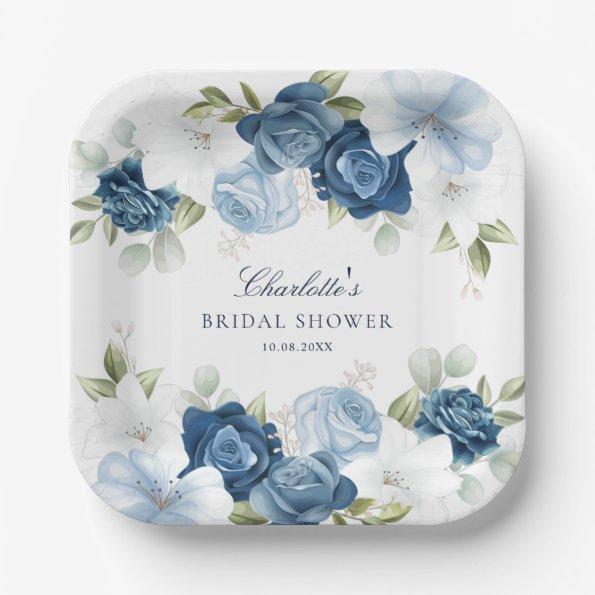 Dusty Blue Floral Watercolor Paper Plates