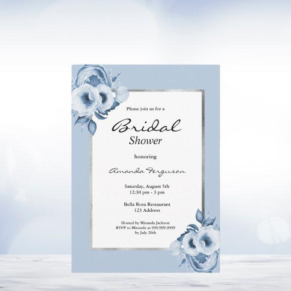 Bridal shower dusty blue florals silver Invitations