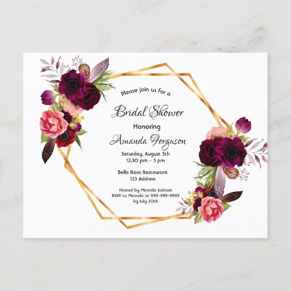 Bridal shower dusty blue gold burgundy invitation postInvitations
