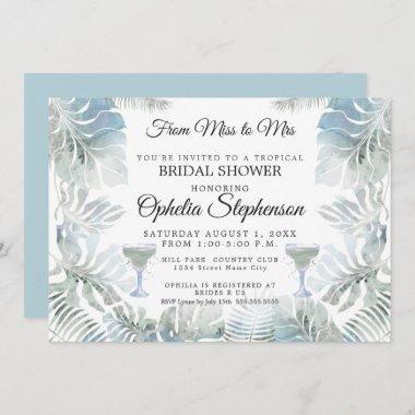 Bridal Shower Dusty Blue Watercolor Tropical Leafy Invitations