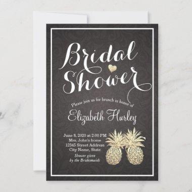 Bridal Shower Elegant Black Gold Pineapple Couple Invitations