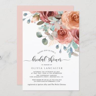 Bridal Shower, Elegant Blush Peach, Mint Floral Invitations