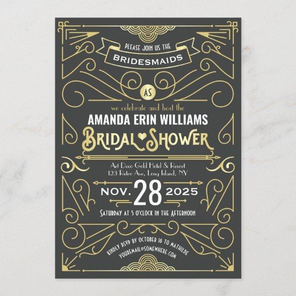 Bridal Shower Elegant Gold Gray Retro Art Deco Invitations