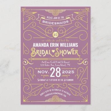 Bridal Shower Elegant Gold Lilac Retro Art Deco Invitations