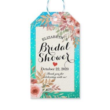 Bridal Shower Elegant Pink Floral Teal Gold Dots Gift Tags