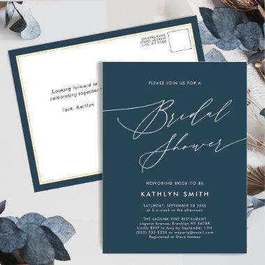 Bridal Shower Elegant Script Minimalist Dusty Blue Invitation PostInvitations